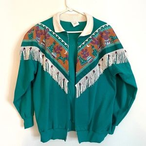 Turquoise SWEAT SHIRT with fringe and beads in a Southwestern style